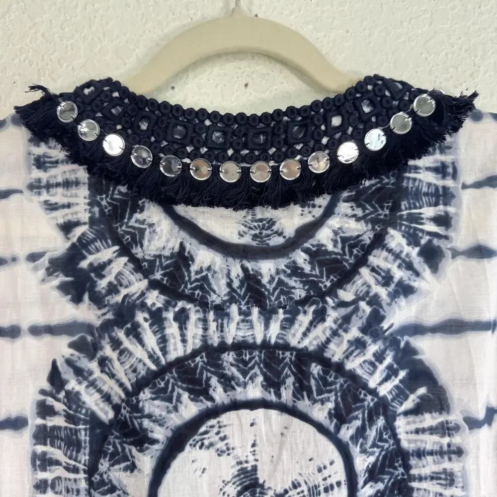 Tory Burch Tunic Womens 6 Tie Dye Mirror Embellished Boho Festival Top Beachy